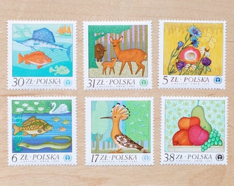 6 Natur-Briefmarken, Hirsch, Vögel, Blumen, Fisch, Polen unbenutzt, Hochzeitskalligraphie, Ozean, Schwan, Obst