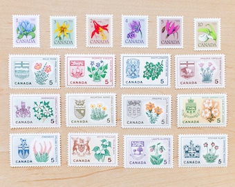 18 Flower Canada Stamps, Canadian, Wildflower Postage, Wedding Calligraphy, Provinces and Coat of Arms, Botanical Flowers f1