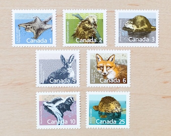 7 Small Mammal Postage Stamps, Canada, Canadian Animal, Fox, Rabbit, Squirrel, Porcupine, Beaver, Skunk, Hare, Wildlife