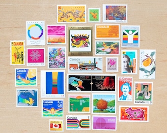 30 Bold Colour Postage Stamps, Canadian Vintage, Bright Color Lot, Wedding Calligraphy Envelopes, Stationery Flaylay, Orange, Green, Pink