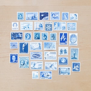 36 sellos postales antiguos azules, canadienses, sin usar, con motivos de ganso canadiense, pájaros, bodas, sobres con caligrafía, color, lote de colores