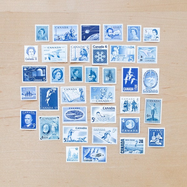 36 Blue Vintage Postage Stamps, Canadian, Unused, Canada Goose, Birds, Weddings Calligraphy Envelopes, Colour, Color Lot