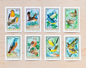 8 Vogel Vintage Briefmarken, Ungarn, unbenutzte Vögel, Hochzeitskalligraphie, Journalling, Pastellfarben, groß, Collagen