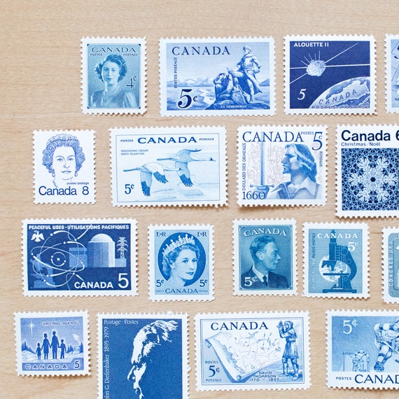 36 Blue Vintage Postage Stamps, Canadian, Unused, Canada