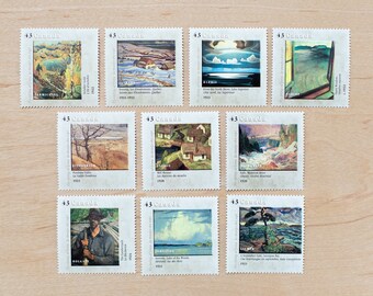 Group of Seven Postage Stamps, Wedding Calligraphy, Letter Writing, Canadian, Beige, Houses, Trees, Landscapes, Plants, Neutral Colours