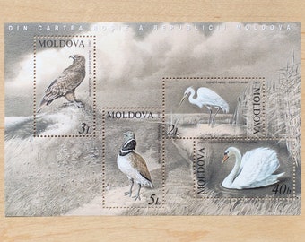 4 Bird Postage Stamps, Wedding Calligraphy Stationery, Swan, Hawk, Birds, Beige, Neutral Colours, Landscape, Animals