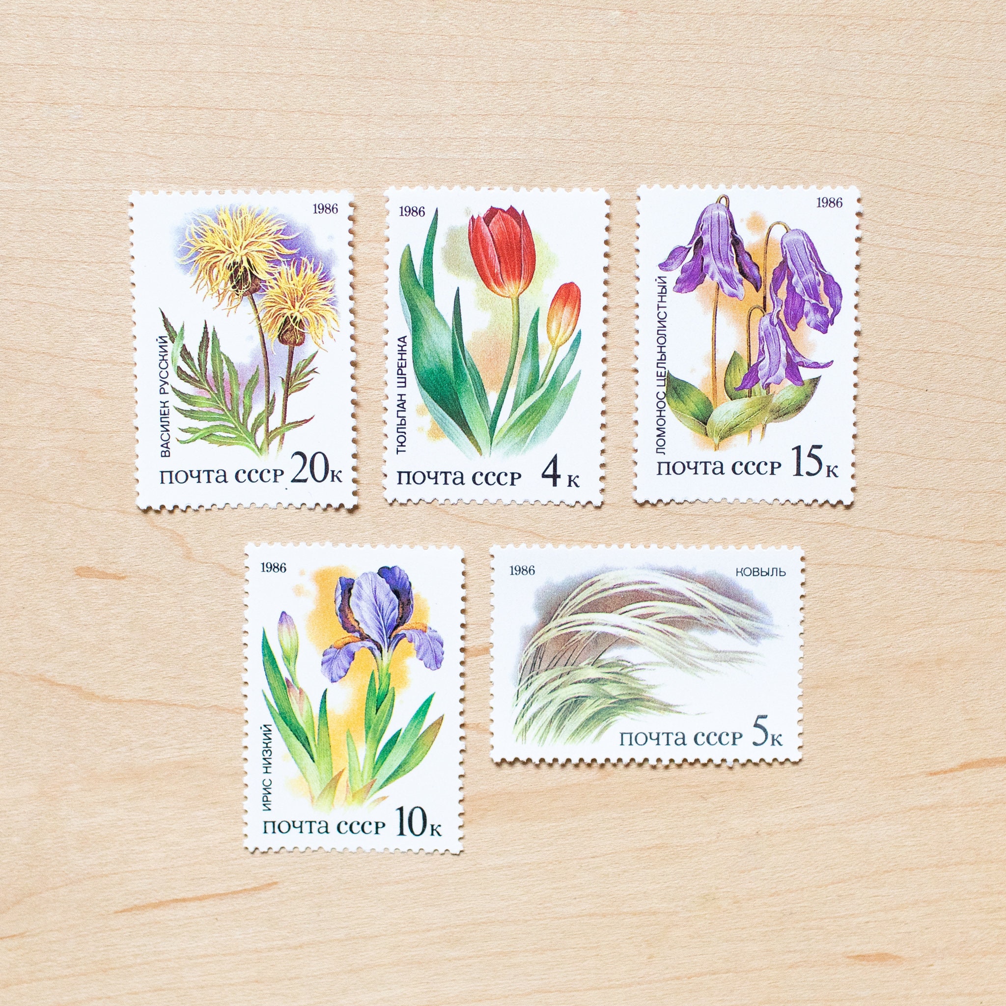 5 Flower Postage Stamps, Spring, Unused, Botanical, Wedding Calligraphy  Envelopes, Flowers, Grass, Garden, Tulips, Plants f1