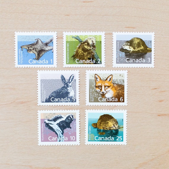 7 Small Mammal Postage Stamps, Canada, Canadian Animal, Fox, Rabbit,  Squirrel, Porcupine, Beaver, Skunk, Hare, Wildlife 