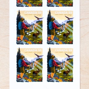 6 sellos postales de Parques de Canadá, parques nacionales, montañas canadienses, acampada, senderismo, fotografía y diseño de sobres de boda con caligrafía
