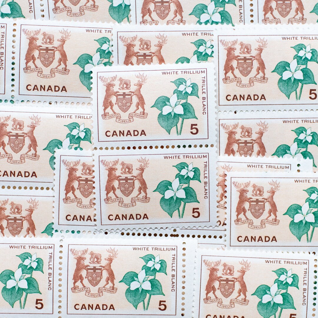 50 Ontario Wildflower Postage Stamps, Canada, White Trillium, Coat of