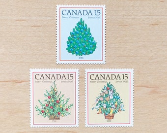 6 Holiday Tree Postage Stamps, Canada, Canadian, Styling Stationary, Festive, Winter, Snow, Christmas Tree, Santa, Mail