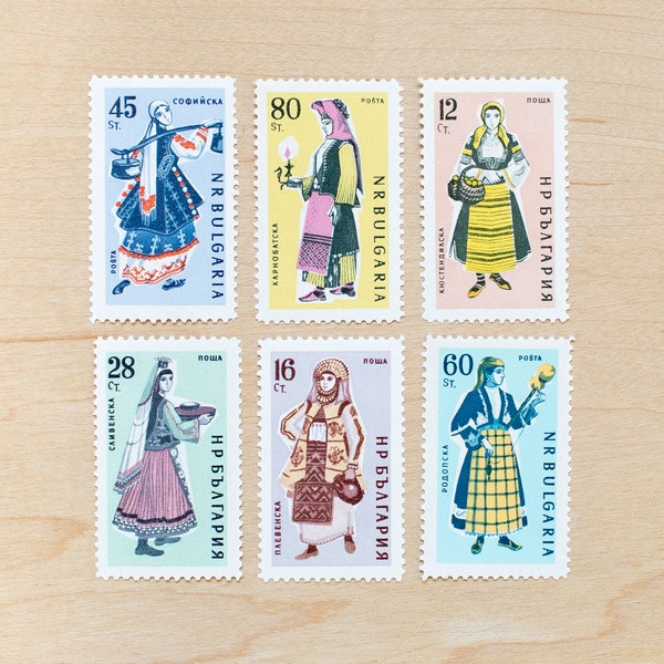 6 Folk Postage Stamps, Bulgaria, Traditional Costumes, Women, Dolls, Dress, Fashion, Pastel Colors, Vintage, Pink, Textile Patterns