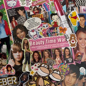 May include: A collage featuring images of celebrities, stickers, and magazine cutouts. The collage includes images of pop stars, cartoon characters, and text that reads "Beauty Time War". The color scheme is vibrant, with pinks, reds, and blues.