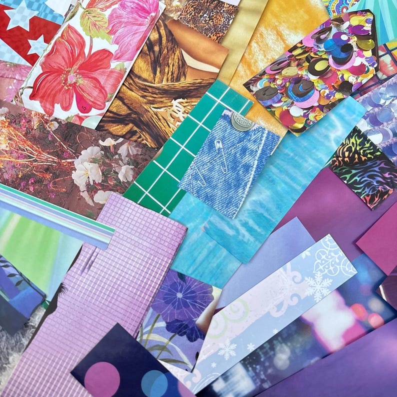 May include: A collage of various patterned papers in a vibrant assortment of colors. Floral, geometric, and abstract designs are visible, including red flowers, green grids, and denim-like textures. The papers are arranged at different angles, creating a dynamic composition.