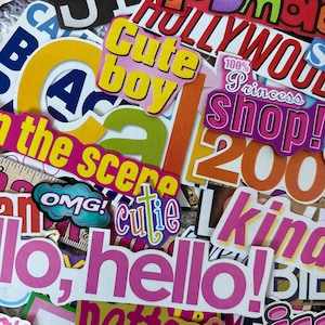 May include: A collection of colorful stickers with various text and designs. The stickers include phrases like "Cute boy," "Hello," and "Hollywood." The color palette includes pink, yellow, orange, and blue.