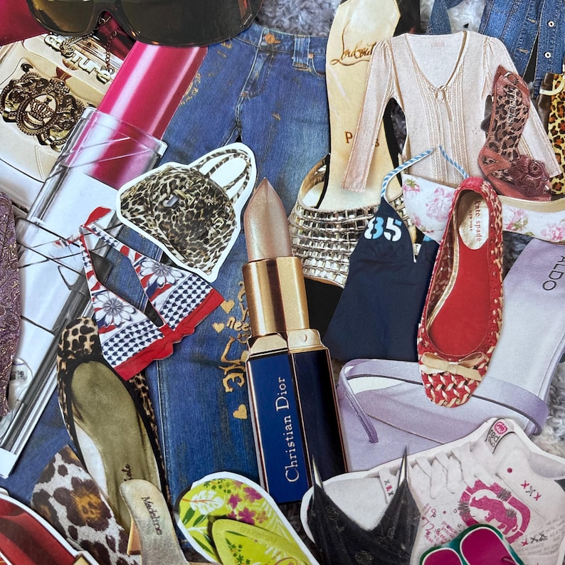 May include: A collage of fashion items including lipstick, sunglasses, handbags, shoes, and clothing. A lipstick tube is labeled "Christian Dior." Other items include a leopard print handbag, red flats, and a blue denim background.