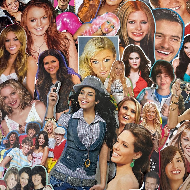 May include: A collage of celebrity faces, including singers, actors, and socialites. The images are cut out and layered, creating a vibrant and colorful composition. The collage features a variety of expressions and styles, reflecting the diverse personalities of the individuals.