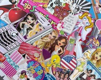 May include: A collage of stickers and cutouts featuring pop culture icons. Includes a pink Blackberry phone, Bratz dolls, Hilary Duff, Betty Boop, a credit card, and the American flag. Text includes "Lip Smacker", "American Idol", and "Hello! Text Me".