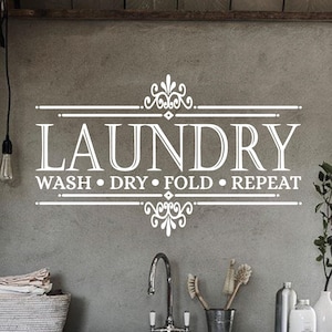 Laundry Room Wall Decal, “Wash Dry Fold Repeat”, Removable Vinyl