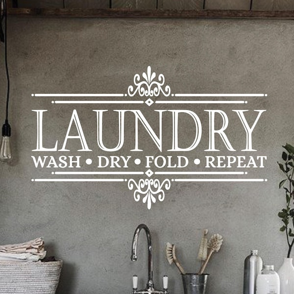 Laundry Room Wall Decal, “Wash Dry Fold Repeat”, Removable Vinyl