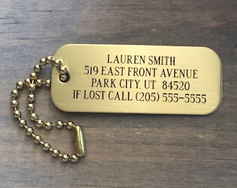 Custom Brass Luggage Tag, Personalized Metal ID Tag with Chain