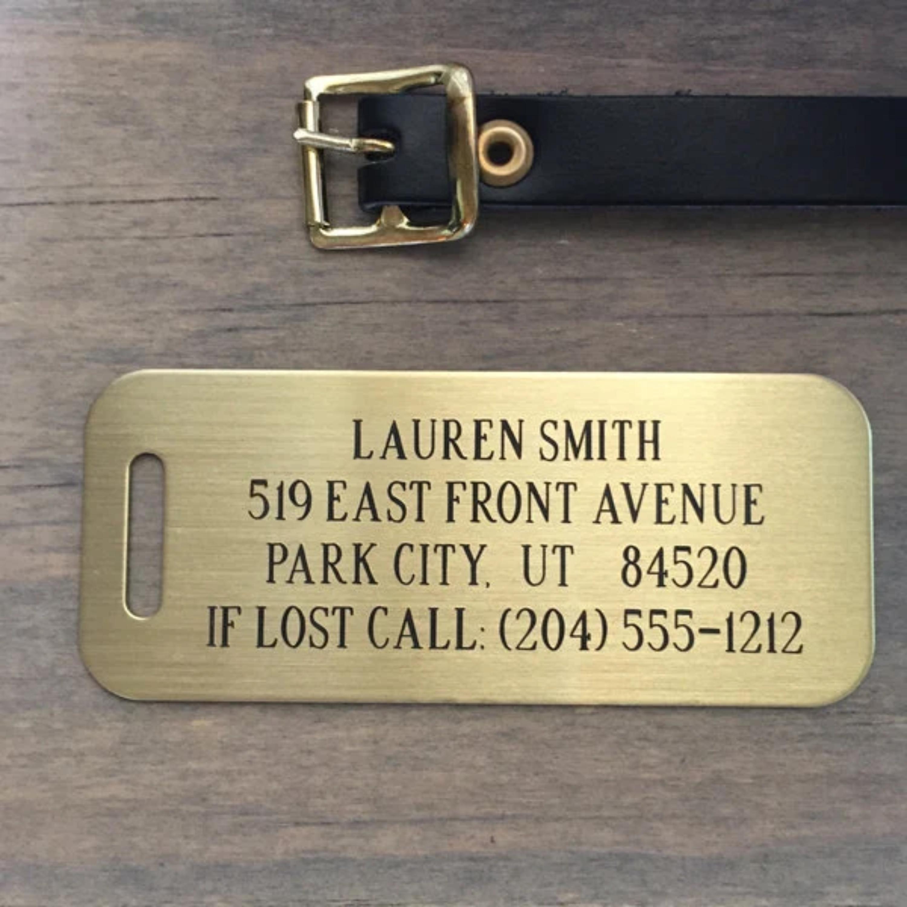 Custom Engraved Brass Luggage Tag - Personalized Bag Tag - Metal Travel Nameplate - Single-Sided Black or Brass Letters