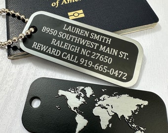 Personalized Luggage Tag, Custom Luggage Tags, Personalized id tag, silver Luggage Tags, Engraved Luggage Tag, Luggage id tag, world map