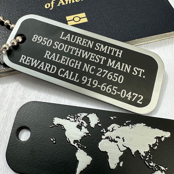 Personalized Luggage Tag, Custom Luggage Tags, Personalized id tag, silver Luggage Tags, Engraved Luggage Tag, Luggage id tag, world map