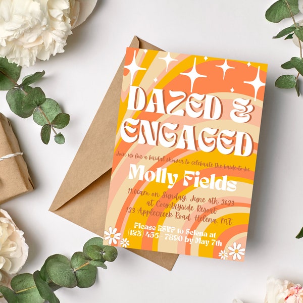 Dazed and Engaged Bridal Shower Invite, Automatic Download, Editable Invite, 70s themed bridal shower, Groovy retro hippie bridal shower