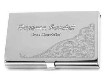 Personalized Business Card Holder (Case) custom engraved CardMP Flourish, silvertone