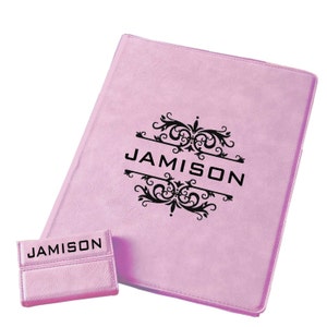 Personalized Faux Leather Portfolio with card case #2 Pink with zipper business gift name