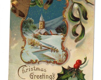 Antique 1913 Postcard: Christmas Greetings with Christmas Eve postal cancel