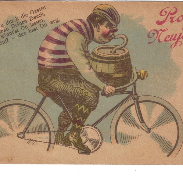 Humorous, comic New Year's greeting, German bier, beer keg, Fahrrad, bicycle, knickers and stockings, deltiology