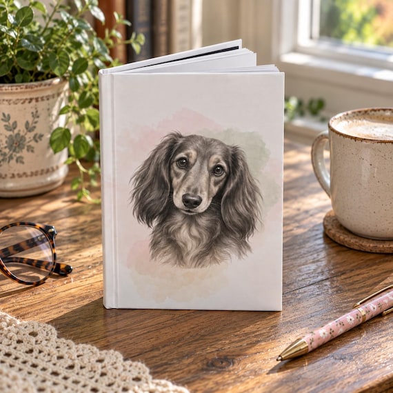 Dachshund Hardcover Journal Lined Notebook Dog Mom Gift Wiener Portrait Long Haired Doxie Pet Owner Diary Writing Book Canine Enthusiast
