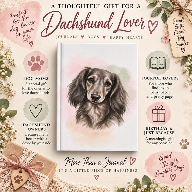 K&ouml;nnte beinhalten: Ein wei&szlig;es Notizbuch mit festem Einband und einer Aquarellillustration eines Langhaardackels auf dem Cover. Der umgebende Text enth&auml;lt Phrasen wie A Thoughtful Gift For A Dachshund Lover, Dog Moms und More Than A Journal.