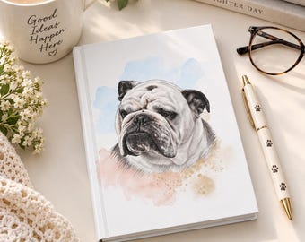 Könnte beinhalten: Ein weißes Notizbuch mit festem Einband und einer detaillierten Illustration eines Englischen Bulldoggenkopfes auf dem Cover, akzentuiert durch blaue und pfirsichfarbene Aquarellspritzer. Das Notizbuch liegt neben einem cremefarbenen Stift.