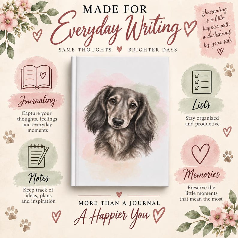 K&ouml;nnte beinhalten: Ein wei&szlig;es Notizbuch mit festem Einband und einer Aquarellillustration eines Langhaardackels auf dem Cover. Der Text lautet MADE FOR Everyday Writing, SAME THOUGHTS BRIGHTER DAYS, MORE THAN A JOURNAL A Happier You, Journaling, Lists, Notes und Memories.