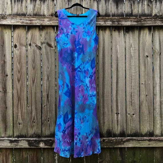 90s fairy dress Vintage Floral Blue Purple Bias Cut Sleeveless Maxi Sheer au-14-instock