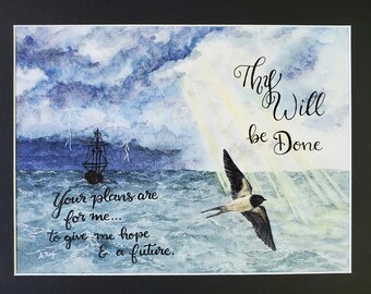 Ocean "Thy Will Be Done"- Original Watercolor Mixed Media Painting- Inspirational Bible Art - Christian- Gift- Sending Love - Christmas Gift