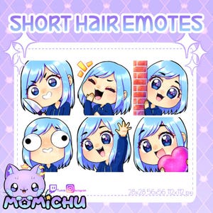 May include: A set of six animated emotes featuring a cartoon character with short blue hair and different facial expressions. The emotes are in various sizes, ranging from 28x28 pixels to 112x112 pixels. The emotes are designed for use on Twitch and Instagram.