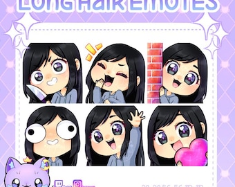 Kawaii Chibi Emo Goth Girl / 6 süße Anime Emotes / lange schwarze Haare / Laughing, Crazy, Lurk, Hi, Wave, Durp, Baka, Heart, Love Emotes