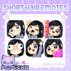 May include: Set of six animated emotes featuring a cartoon character with short black hair. The character is shown with different expressions, including smiling, laughing, surprised, and winking. The emotes are designed for use on Twitch and other social media platforms.