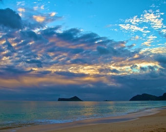 Beautiful Waimanalo Beach - Art - Metal Print - Hawaii - Ocean Island Sunrise Blue Rabbit Island
