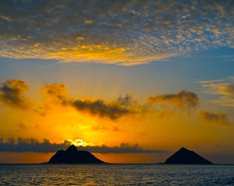 Na Mokulua Sunrise - Art - Metal Print - Hawaii - Ocean Island Sunrise Yellow Blue