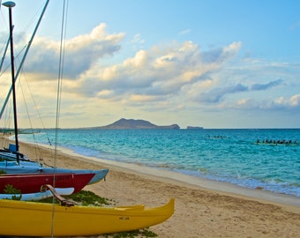 Lanikai Morning Paddle - Art - Metal Print - Hawaii - Ocean Beach Sunrise Canoe