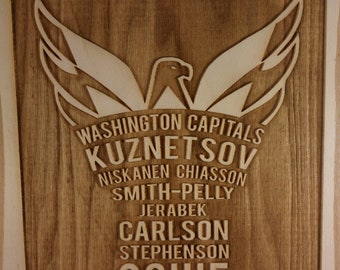 Washington Capitals - 2018 Stanley Cup Champions - Team Names in shape of Stanley Cup - Engraved Wooden Plaque with Bark