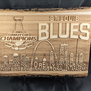 St. Louis Blues - 2019 Stanley Cup Champions - Team Names - Engraved Wooden Sign with Bark