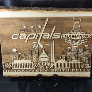 Washington Capitals - 2018 Stanley Cup Champions - Team Names / Skyline - Engraved Wooden Sign with Bark