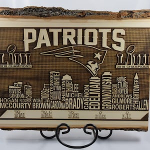 New England PATRIOTS - LIII SuperBowl Champions - Team Names - Wooden Plaque engraved with bark