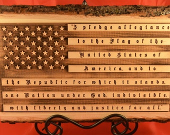 USA Flag with Pledge of Allegiance Engraved in Wooden plaque with bark
